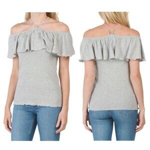 NWT Chaser Top Off-Shoulder Baby Ribbed Ruffle Gray  XS